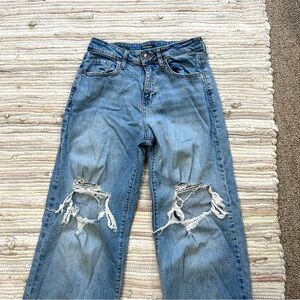 Blue Distressed Wide Leg Jeans